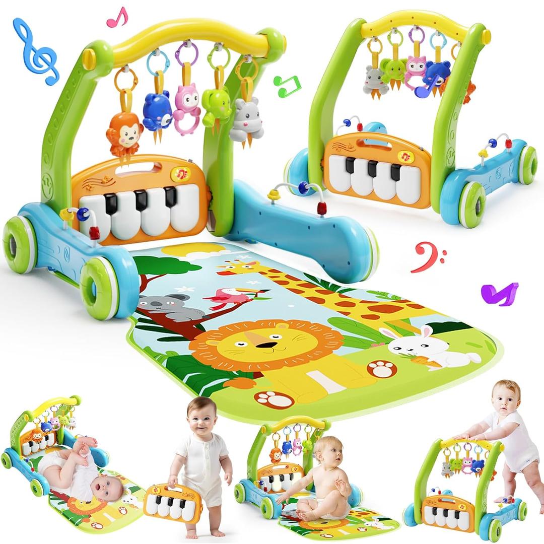 Baby Gym Play Mat with Walker, 2 IN 1 Kick and Play Piano Activity Center with Light & Music, Tummy Time Mat & Baby Push Toys for 0-6 12-18 Months, Sit-to-Stand Learning Walker for Infant Toddler Gift (Green)