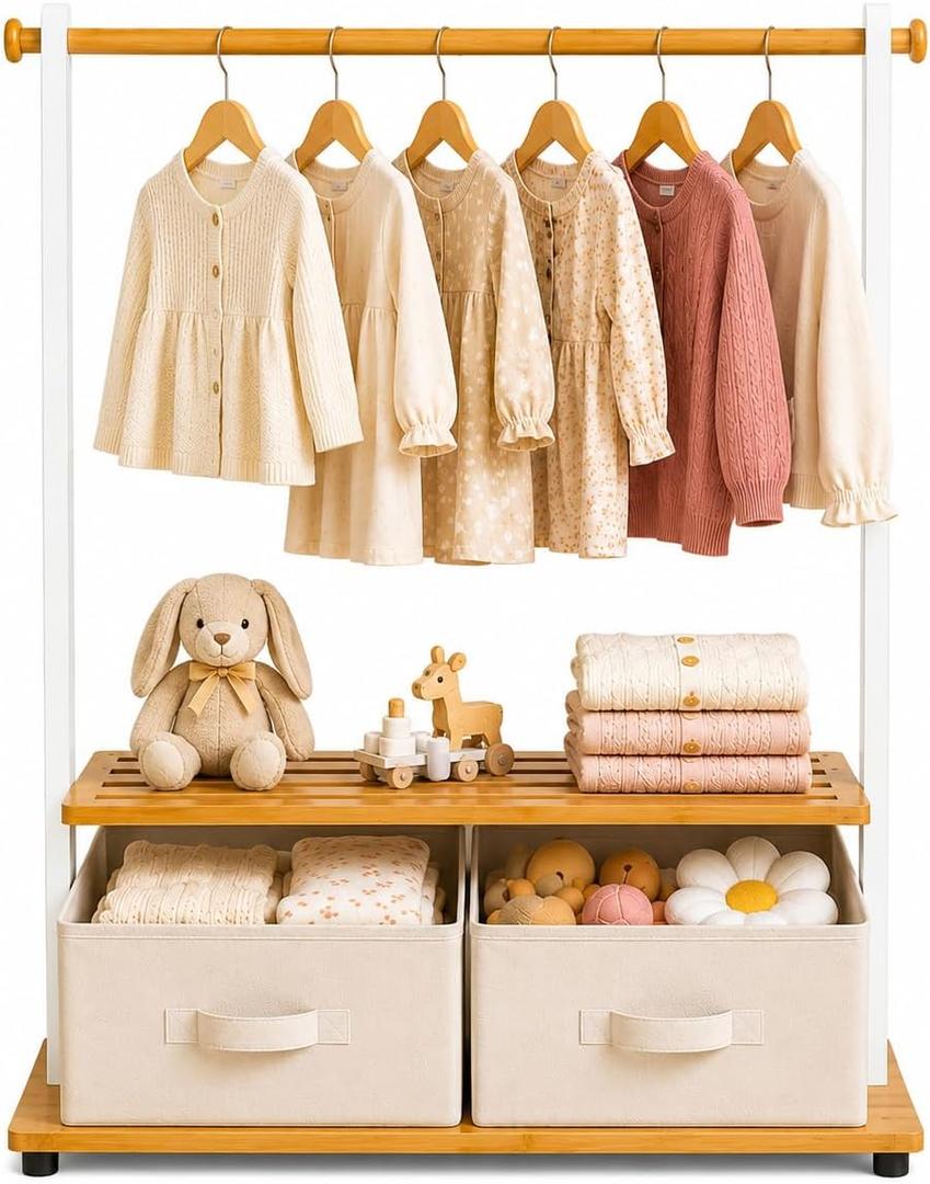BAMBOOHOMIE Kids Clothing Rack with 2 Storage Bins, Bamboo Toddler Dress Up Rack with Adjustable Rods & Bottom Shelves, Baby Clothes Garment Rack for Nursery Bedroom Playroom (White)
