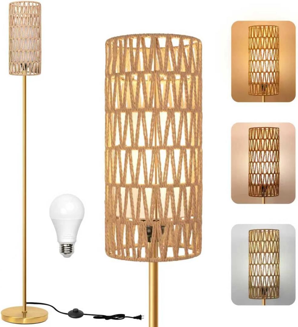 Floor Lamp for Living Room,Farmhouse Floor lamp,Modern Standing lamp with Hand-Worked Rattan Shade (Round Rattan Shade Gold Color-3 Color Bulb)