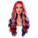 Red White and Blue Wig Women 4th of July Bob Wigs Long Curly Wavy Wig for Women Synthetic Wigs for Daily Halloween Party Use
