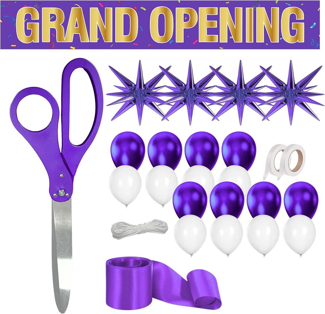 Purple Grand Opening Decorations - 25 Inch Giant Scissors for Ribbon Cutting Purple Banner and Satin Ribbon Star Balloons for Special Events Inaugurations and Business Openings