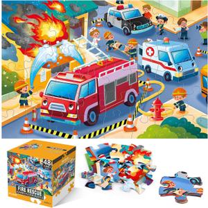Jumbo Floor Puzzle for Kids,Fire Rescue Jigsaw Large Puzzles,48 Piece Firefighter Fireman Fire Truck Puzzle for Toddler Ages 3-5,Children Learning Preschool Educational Toys,Gift for 4-8 Years Old