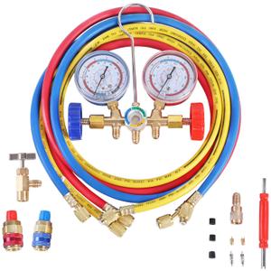 YSTOOL 3 Way AC Manifold Diagnostic Gauge Refrigerant Charging Set for Air Conditioner HVAC R134a R404a Freon with 5FT Hose R134a Quick Couplers Can Tap Adapter Valve Core Tool Kit