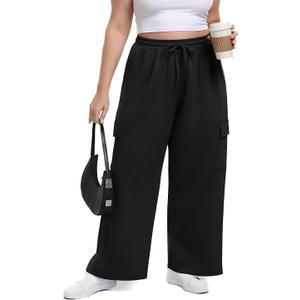 OLRIK Womens Plus Size Wide Leg Cargo Sweatpants High Waisted Drawstring Lounge Pants with Pockets Baggy Strechy Joggers (4X, Black)