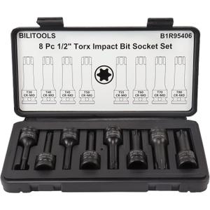 BILITOOLS 8-Piece Impact Torx Bit Socket Set 1/2 inch Drive, T30-T80, Cr-Mo Steel