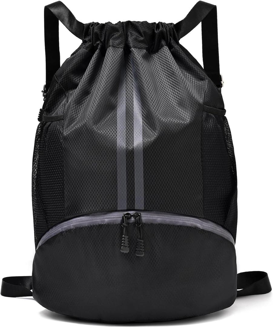 Black Drawstring Gym Bag for Men, Waterproof Drawstring Backpack for Women, Swim Bag with Shoes Compartment, Pull String Sport Bag for Soccer and Basketball.