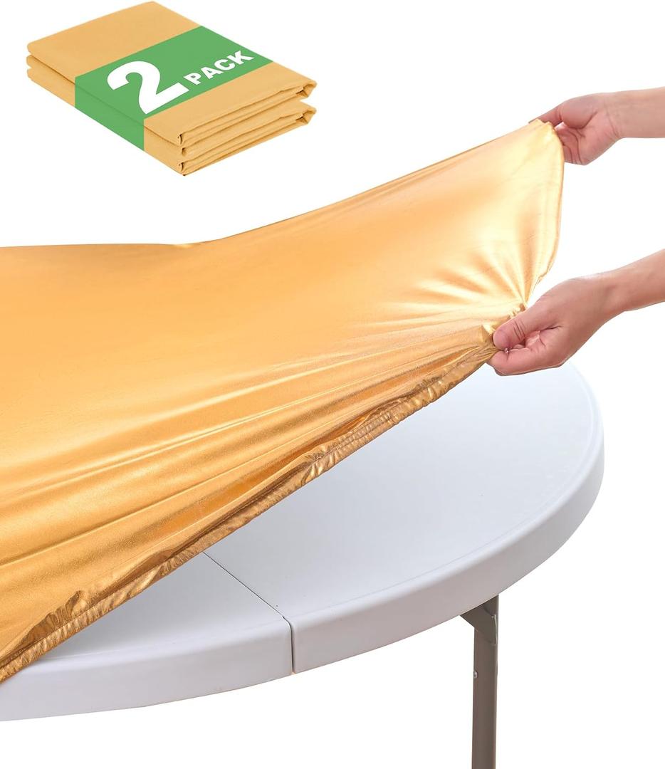 KeyWave Round Fitted Table Covers - 48-52 Inch Spandex Water-Resistant Tablecloth with Elastic, 2 Pack Circle Folding Table Cloths for Party Banquet Dining Room, Stamping Gold