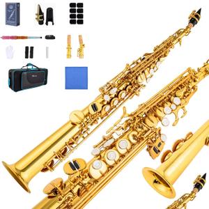 Soprano Saxophone SAX Bb Brass Lacquered Gold Body and Keys Woodwind instruments (gold)