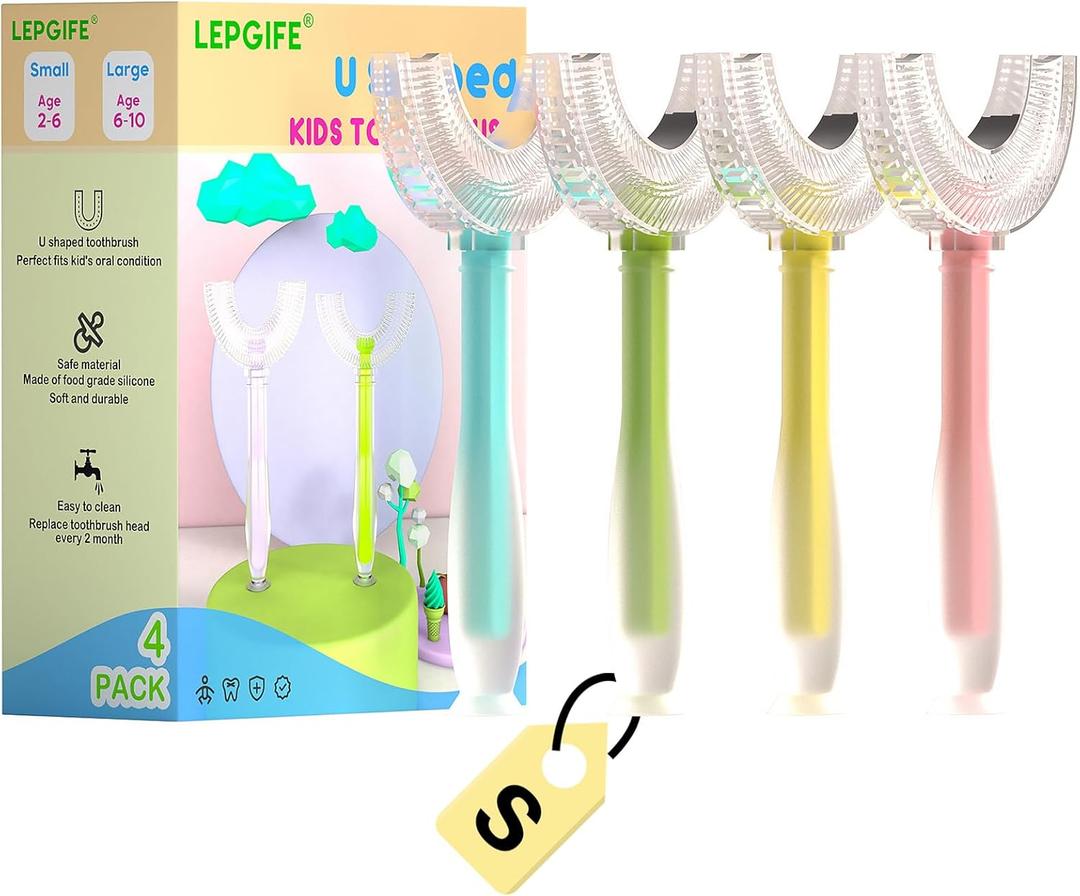 U Shaped Kids Toothbrush 4 Pack, U-Type Whole Mouth Toothbrush for Kids (Age 2-6)