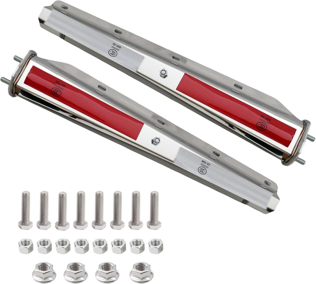 2 Pack Stainless Steel Heavy Duty Straight Spring Loaded Mud Flap Hanger Bracket Mudflap Holder Set for Semi Trucks 2.5" Bolt Spacing 29.5" Length with Reflective Tapes (2-1/2 Inch)