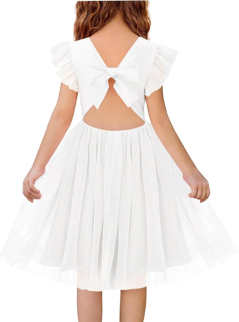 Haloumoning Girls Tulle Dress Kids Summer Backless Flower Girl Dress for Birthday Party 5-14Y (White)