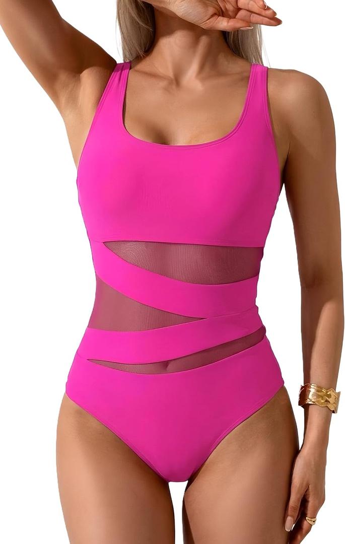 B2prity Women's Mesh One Piece Swimsuit Tummy Control Sexy Bathing Suit Push Up Swim Suit Slimming Swimwear (Pink, L)