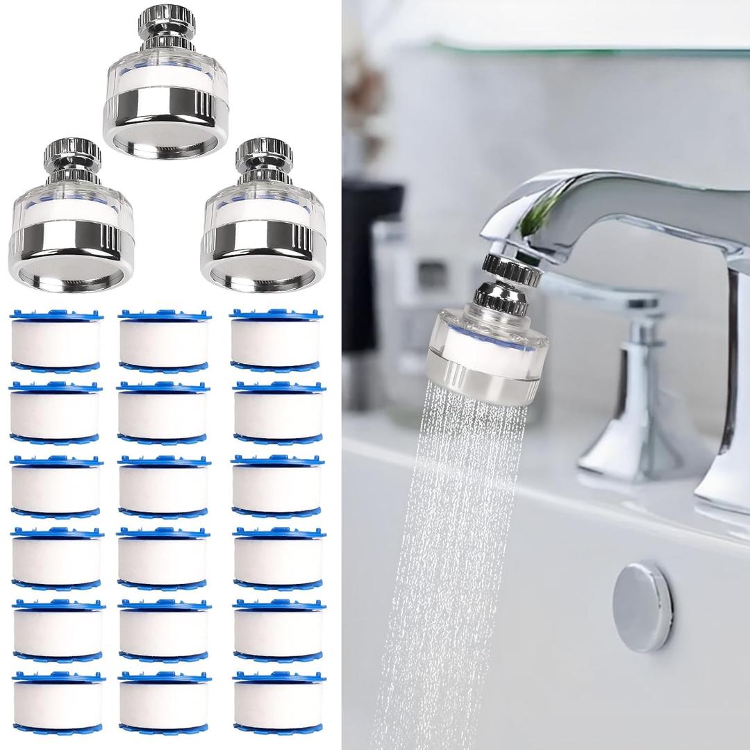 3 Pcs of Sink Water Filter and 18 Filter Elements Set, Sink Faucet Filter 360Rotating, Bathroom Sink Filter Removes Fluoride Hard Water, Faucet Filter Faucet Extender for Home Kitchen Sink