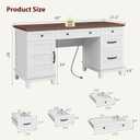 GarveeHome Executive Desk with File Drawers, Farmhouse Home Office Desk with Charging Station, 60 in Wooden Computer Desk with Cabinet Storage for Work Study Writing, White Walunt