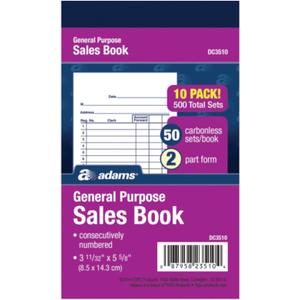 Adams General Purpose Sales Book, 2-Part, Carbonless, White/Canary, 3-11/32 x 5-5/8, 50 Sets per Book, 10 Pack (DC3510) Adams General Purpose Sales Book, 2-Part, Carbonless, White/Canary, 3-11/32 x 5-5/8, 50 Sets per Book, 10 Pack (DC3510)