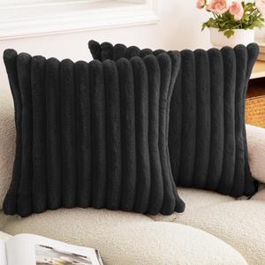Double-Sided Faux Fur Plush Throw Pillow Covers 18x18 Set of 2 Fuzzy Striped Soft Cozy Pillowcase Luxury Decorative Pillows Square Fluffy Cushion Covers for Couch Sofa Bed,Black