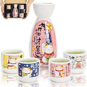 Goaste 5 Pieces Ceramic Japanese Sake Set, Durable Maneki Neko Sake Cups, Handmade Pottery Sake Glasses with 1 Bottle and 4 Cups in Cute Fortune Cat Pattern for Home Decoration, Gifting