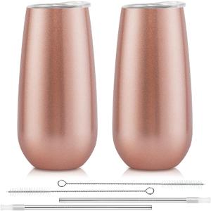 2 Pack Stemless Champagne Tumblers, 6 Oz Insulated Flute Tumbler, Double Insulated Unbreakable Glasses for Friends Birthday Christmas Wedding (Rose Gold)