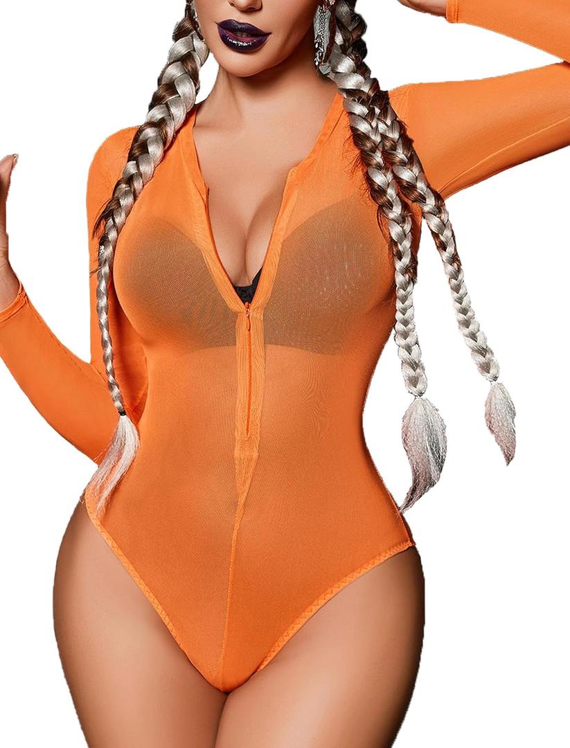 Avidlove Womens Mesh Bodysuit Long Sleeve Snap Crotch Bodysuit See Through Zipper Sheer Leotards Sexy Bodysuit Tops (Medium, Orange)