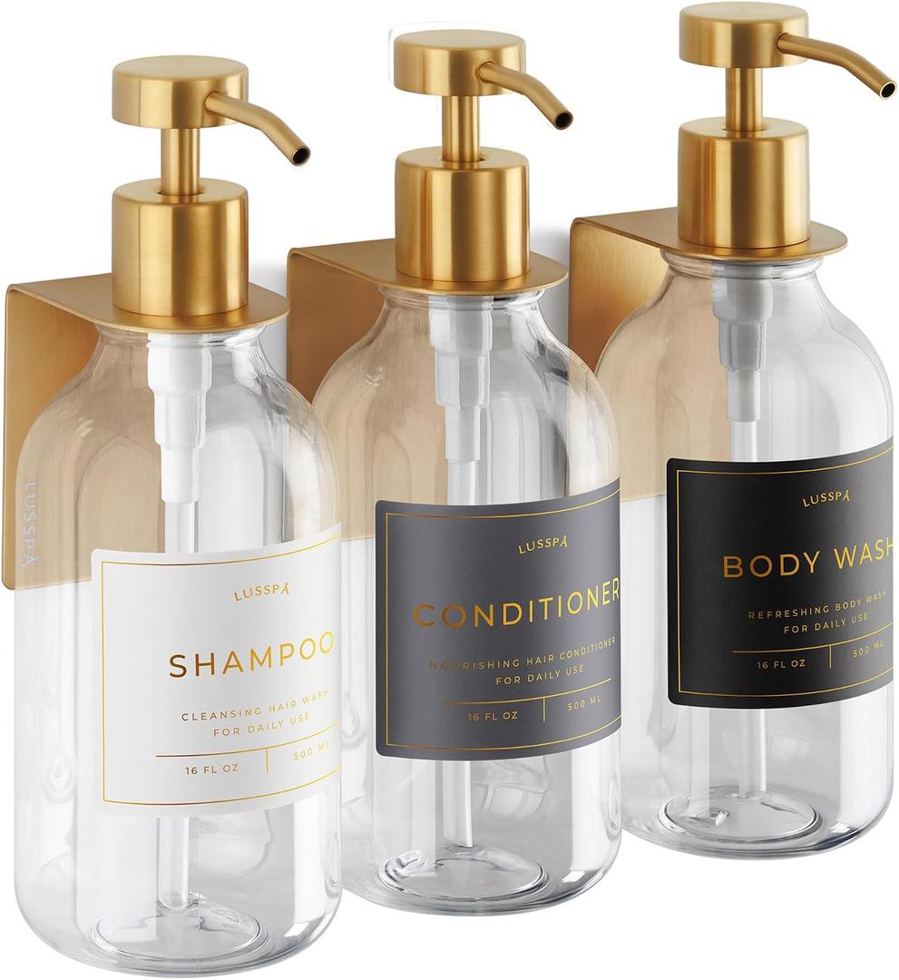 Shower Shampoo Dispenser Wall Mounted 3 Refillable 16.9 oz Clear Bottles with Stainless Steel Pumps & No-Drill Adhesive Holders Soap Dispenser Set for Bathroom (3 X Clear/Gold)