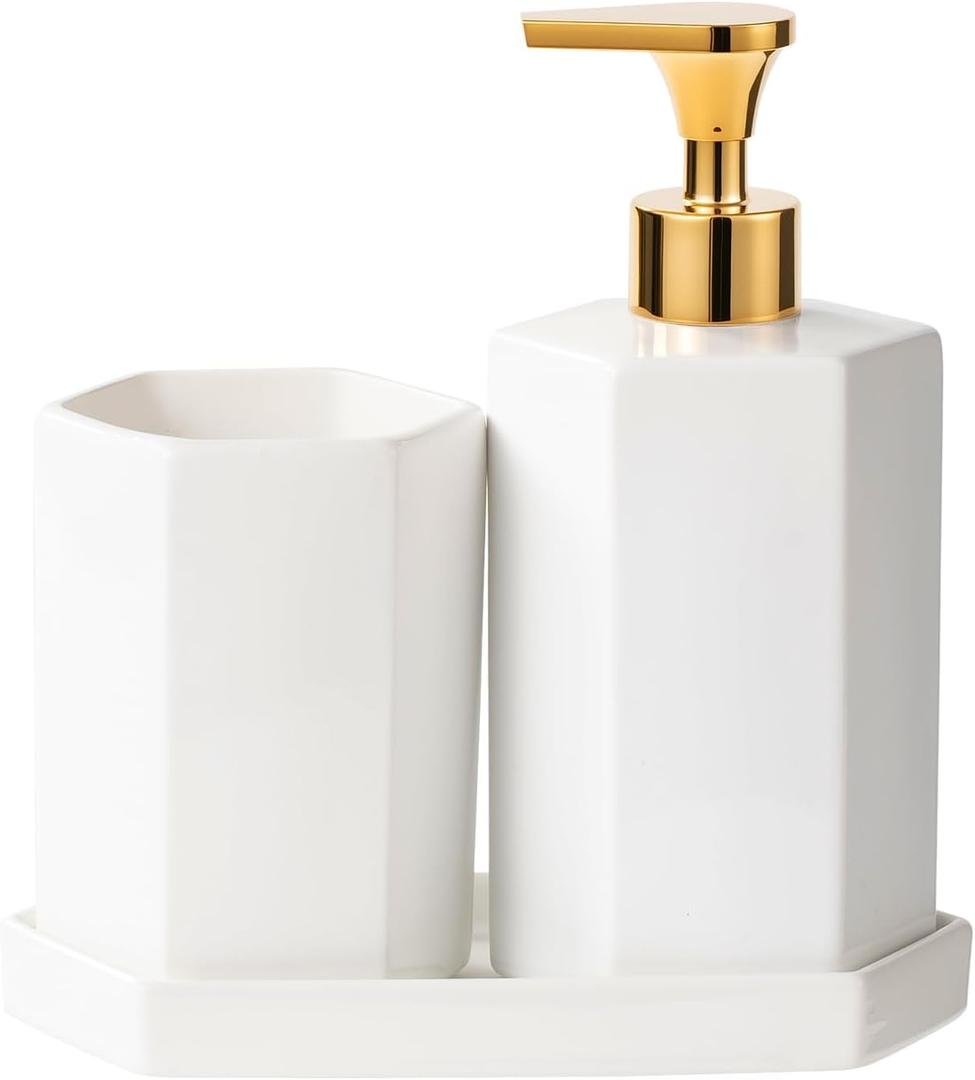 Ceramic Bathroom Accessories Complete with Soap Dispenser, Toothbrush Holder, Bathroom Tumbler, and Vanity Tray - Modern Bathroom Decor,3PCS (Gold)