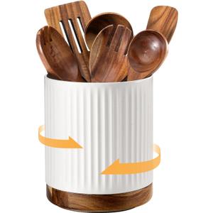 DOWAN 360 Rotating Extra Large Cooking Utensil Holder, 7.6" Kitchen Utensil Holder for Countertop, Utensil Crock for Farmhouse Kitchen Decor, Ceramic Stable Utensil Caddy, White Stripes