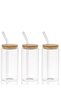 sungwoo 3PCS Glass Cups with Bamboo Lids and Straws, 16OZ Ice Coffee Cup, Drinking Cup set with Wooden Lids, Home Essential Glass Tumblers for Beer, Cocktail, Tea and Latte Clear
