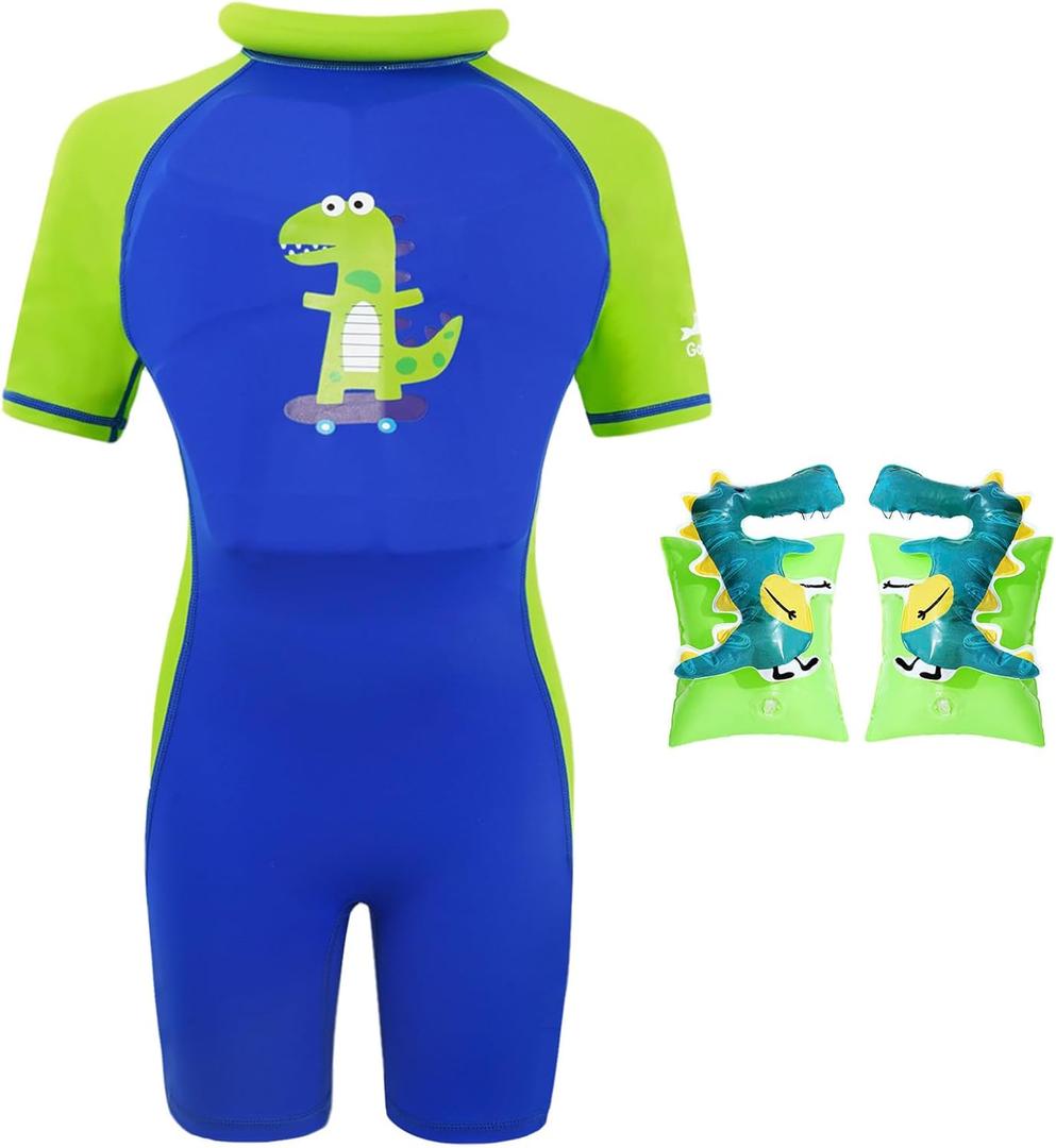 Gogokids Kids Floatation Swimsuit with Adjustable Buoyancy One Piece Swimwear Float Suit Swim West for Boys and Girls, Toddler Bathing Suit Rash Guard with Arm Floaties (4, Skateboarding Dinosaur)