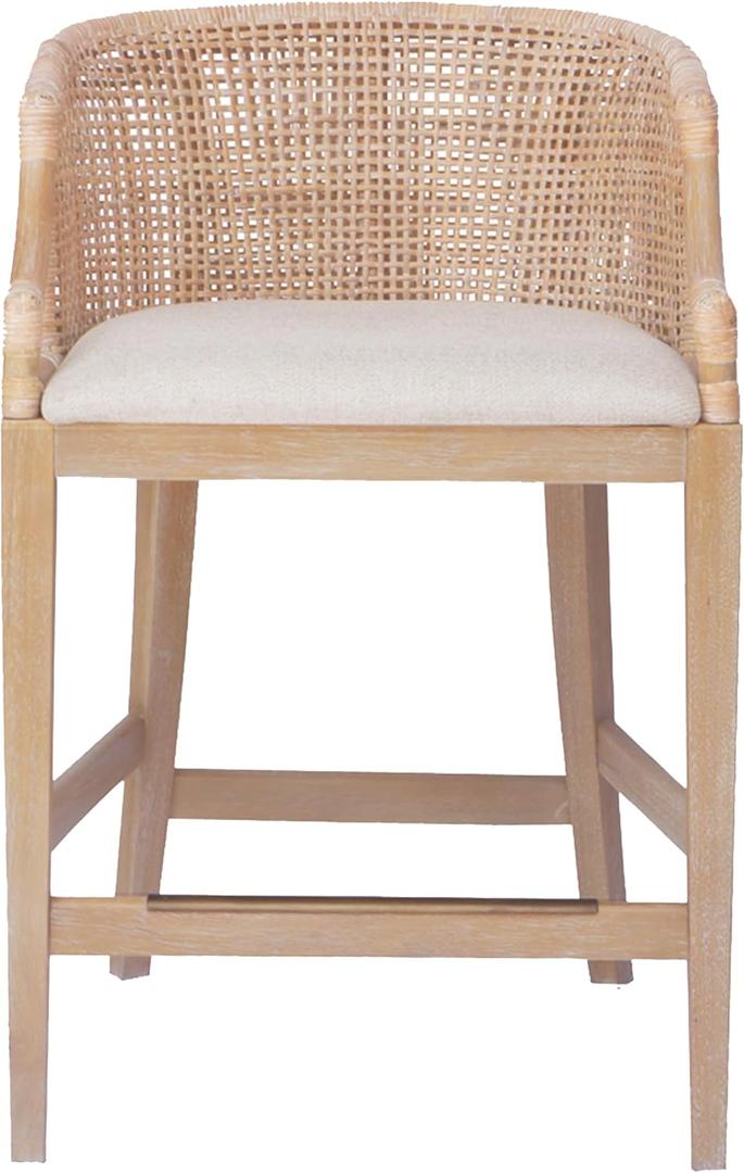 Martha Stewart Farmhouse Counter Height Bar Stools, Handcrafted Rattan Counter Height Stools for Kitchen Island, Kickplate Footrest, Upholstered, Dining Room Chairs for Home Bar - Natural Whitewash, 23"W x 22.5"D x 35"H