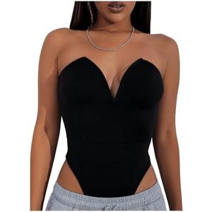 WDIRARA Women's Sleeveless Sweetheart Neck Bodysuit Sexy High Cut Strapless Leotard L