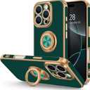 Hython for iPhone 16 Pro Max Case with Ring Stand, 360 Rotatable Ring Holder Magnetic Kickstand, Plating Rose Gold Edge Soft Cover Protective Phone Case for iPhone 16 Pro Max 6.9", Midnight Green