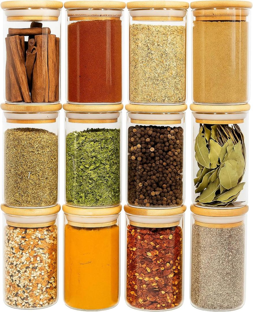 SAVVY & SORTED 12 Natural Bamboo Spice Jars - 8.5oz Large Glass Jars with Bamboo Lids - Seasoning Jar with Airtight Lids, Containers Herb Spice Rack Kitchen Organization