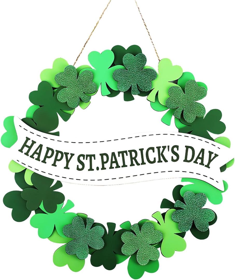 Wooden St. Patricks Day Door Sign - Shamrock Welcome Wreath Hanging Decor for Front Door, Wall, Indoor & Outdoor Irish Party Home Decorations (Happy St. Patrick's Day)