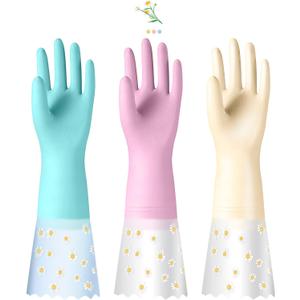 KAQ Reusable Household Cleaning Gloves Rubber: 3 Pairs Latex Free Kitchen Gloves for Washing Dishes with Cotton Lined (Large (Pack of 3), Assorted Colors)