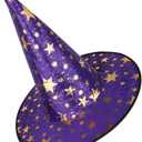 Purple Star Witch Hat for Women, Cute Halloween Costume Accessories, Adult Witches Hat with Gold Stars for Party, Cosplay & Dress Up