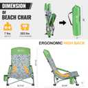 VILLEY Low Beach Chairs for Adults 2 Pack, High Back Folding Chairs, Lightweight and Portable for Outdoor, Camping, Lawn, with Cup Holder and Carry Bag - Green Tropical Leaves, 26.4 inches x 22.4 inches x 31.5 inches