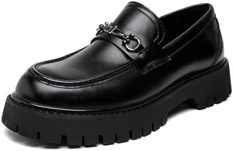 XENTORD Men's Patent Leather Platform Loafers Comfort Non-Slip Lug Sole Slip-On Dress Shoes with Metal Horsebit Detail for Business Office & Casual (Black B, 10)