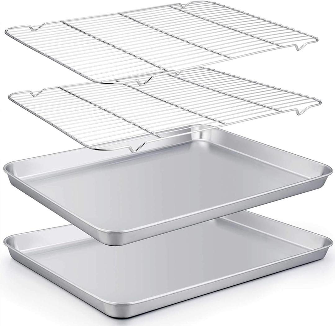 TeamFar Baking Sheet with Rack Set of 4, 20’’×14’’×1.2’’, Half Size Stainless Steel Cookie Sheet Baking Pans with Cooling Rack Set , Non Toxic & Rust Free, Mirror Finish & Easy Clean, 2 Pans & 2 Racks