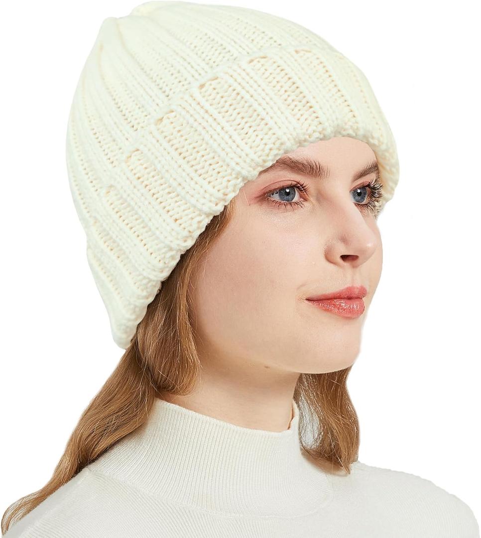 2 x NPQQUAN Thick Warm Winter Hats for Women Knit Beanie Hat Skull Cap Beanies for Men Women ((Beige)))