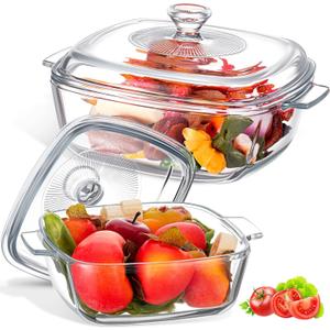 Maxcheck 2 Pieces Glass Casserole Dish with Lid 0.8L/ 1.5L Baking Casserole Dish Covered Cookware Microwave Bowls with Handle for Kitchen Restaurant Home Party Cooking, Oven Safe (Square)