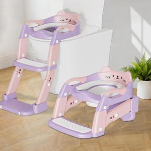 Potty Training Seat with Step Stool Ladder, 3-in-1 Toddler Potty Training Toilet Seat for Boys Girls, Height Adjustable Foldable Toddler Potty with Splash Guard, Non Slip Pad and Safety Handles (Pink)