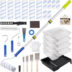 INCLY 32PCS Paint Roller Kit with 2 to 4 Ft Extension Pole, 4" & 9" Paint Rollers with 11'' Tray, Paint Brushes, Painting Supplies for Home Interior, House, Ceiling, Walls and Professional Painting