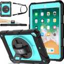 BMOUO Case for iPad 6th 5th Generation (9.7 inch, 2018/2017), 3 Layer Shockproof [360 Swivel Stand][Hand Strap][Pencil Holder] Kids Case for iPad 9.7 inch 2018/2017,Sky Blue