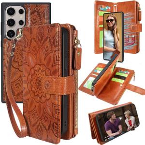 Harryshell Detachable Magnetic Zipper Wallet Leather Case with Cash Coin Pocket 12 Card Slots Holder Wrist Strap Lanyard for Samsung Galaxy S24 Ultra 5G 6.8 inch (2024) (Flower Brown)