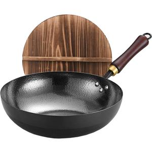 Carbon Steel Pan, 13.5 Woks & Stir-Fry Pans with Wooden Lid Cookwares, Nonstick Wok, No Chemical Coated Flat Bottom Hand Hammered Chinese Wok For Gas