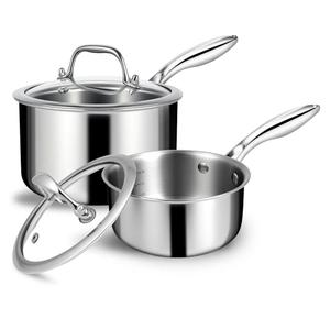 EWFEN 3 Ply Stainless Steel Sauce Pan Set with Lids, 1 & 2 Quart Multipurpose Cooking Pot, StayCool Handle, Induction Oven Dishwasher Safe, 1QT & 2QT