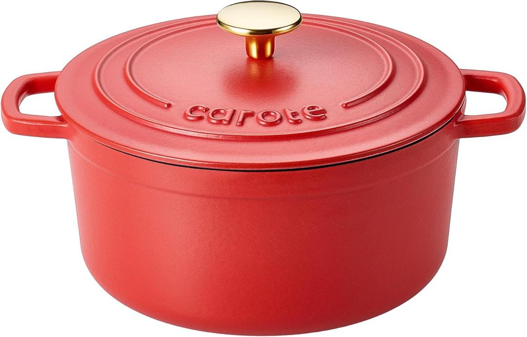 CAROTE Enameled Cast Iron Dutch Oven Pot with Lid, 4 QT Dutch Ovens, HeavyDuty Cast Iron Pot for Sourdough Bread Baking, Braising, Stews, Roasting, Healthy & NonToxic, Dual Handles, All Stovetop Compatible, Oven Safe up to 500° F, Red