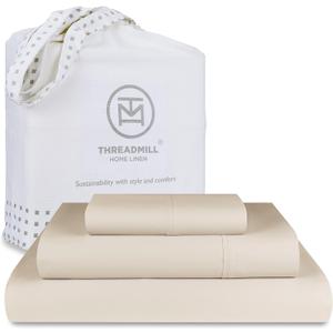 Threadmill 100% Cotton Sheets for Twin XL Size Bed - 600 Thread Count Twin XL Bed Sheets Set with 15 Deep Pocket - Sateen Weave 3-Piece Bedding Set with Cooling Effect, Beige (Light Beige Solid)