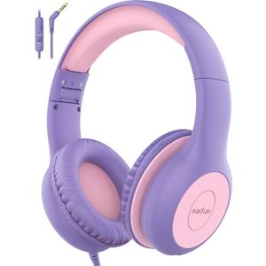 EarFun Kids Headphones Wired with Microphone, 85/94dB Volume Limit Headphones for Kids, Portable Wired Headphone with Shareport, Stereo Sound Foldable Headset for School/Tablet/iPad, Violet Pink