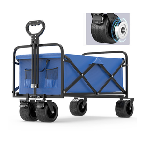 Dreamquest Collapsible Folding Beach Wagon Heavy Duty, Load 420Lbs Foldable Wagon Cart with Dual Brakes and Beverage Cup Holders,Gardening Wagon, All-Terrain Big Wheels for All Roads Blue
